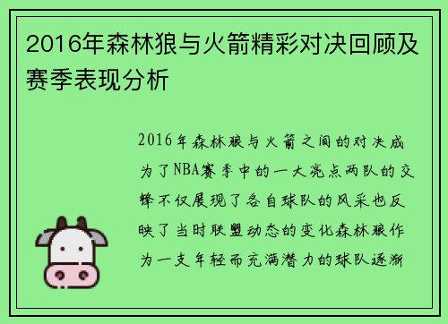 2016年森林狼与火箭精彩对决回顾及赛季表现分析